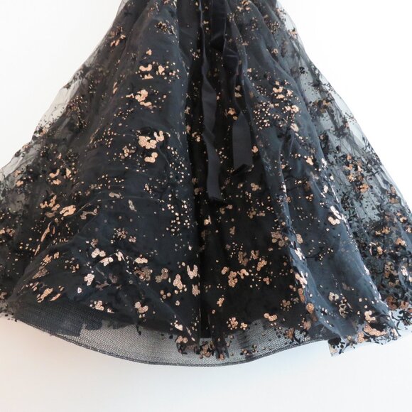 MARCHESA NOTTE Flocked Glitter Tulle Tea Length Dress Black Gold - Size 4 - Picture 11 of 15